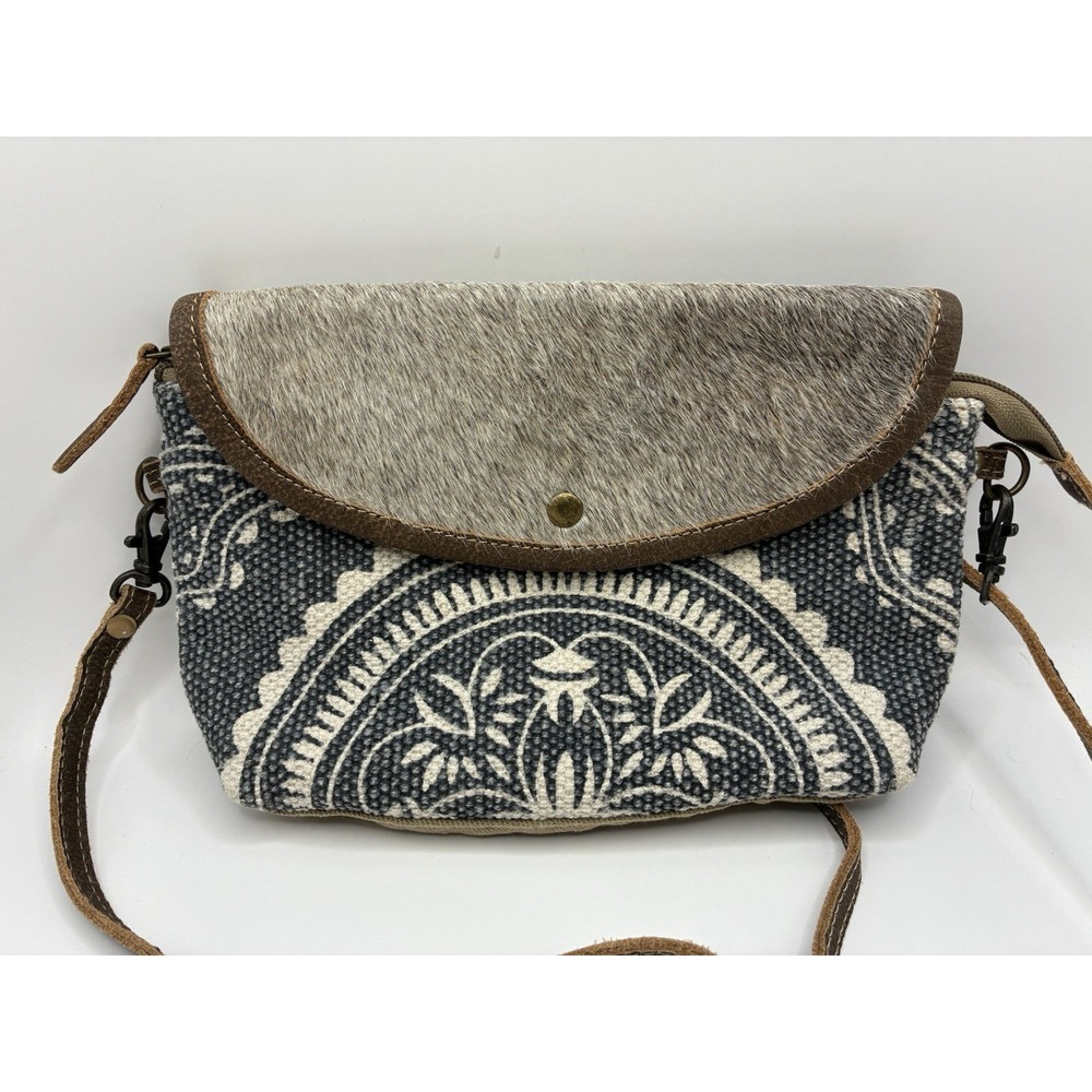 Myra Western Hair On Hide Crossbody Bag Blue Floral Recycled Materials Boho